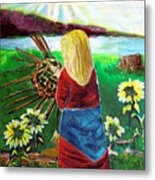 Woman Weaves A Basket By The Lake At Sunset Metal Print