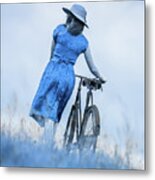 Woman With Bicycle In Field Metal Print