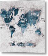 World Map White Blue Metal Print