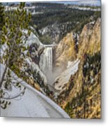 Yellowstone Falls In Winter Snow Metal Print