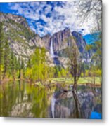 Yosemite Falls In Spring Reflection Metal Print