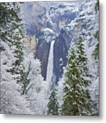 Yosemite Falls In The Snow Metal Print