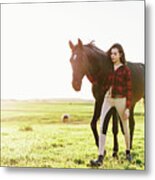 Young Woman Standing Next To Her Black Horse Metal Print