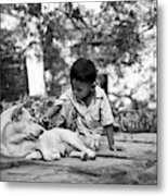 Cambodian Boy Near Some Ruins Playing With His Dog. #1 Metal Print