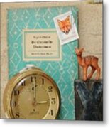 Vintage Ornaments On Bookshelf; Animal-motif Postage Stamps, Decorative Book Cover, Toy Deer, X And 8 Printing Blocks And 60s Junghans Alarm Clock #1 Metal Print