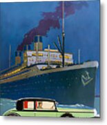 1930 Vehicle With Driver With Ocean Liner Original French Art Deco Illustration Metal Print