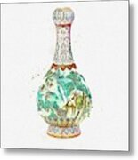A Famille Rose Two-handled  Birds And Flowers  Vase Watercolor By Ahmet Asar #4 Metal Print