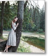 Woman In A Dress Near The Lake In The Forest In The Mountains #6 Metal Print