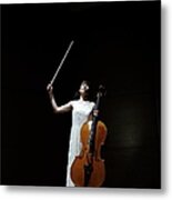 A Female Cellist Raising Bow Of Cello Metal Print