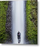 A Man Photographing A Waterfall Metal Print