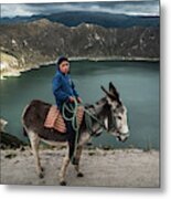 A Young Indigenous Boy With His Donkey At Quilotoa Lake In Ecuador Metal Print