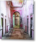 Abandoned Hallway In Decay With Cat Metal Print