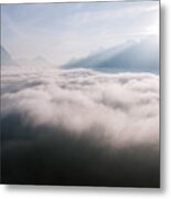 Aerial View Of Low Clouds And Mountain Peak At Sunrise Metal Print