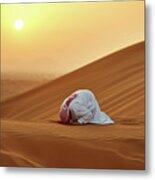 Arab Man Praying On Carpet In Desert Metal Print