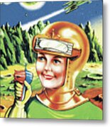 Astronaut With Ray Gun On Planet Metal Poster
