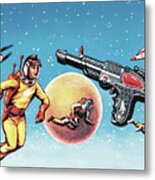 Astronauts And Ray Gun In Outer Space Metal Print