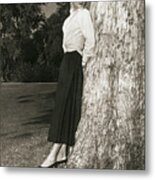 Audrey Hepburn Leaning On Tree Trunk Metal Print