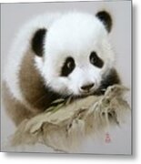 Baby Panda With Bamboo Leaves Metal Print