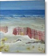 Beach With Red Fence Metal Print