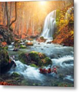 Beautiful Waterfall At Mountain River Metal Print