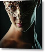 Beauty Model Woman Wearing Masquerade Carnival Mask Metal Print