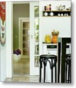 Bentwood Stools At Kitchen Counter On Limestone Flags; View Through Half-open Sliding Door Metal Print