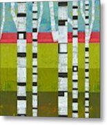 Birches With Pink And Green Metal Print