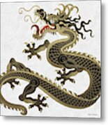 Black And Gold Sacred Eastern Dragon Over White Leather Metal Print