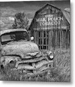 Black And White Of Rusted Chevy Pickup Truck In A Rural Landscape By A Mail Pouch Tobacco Barn Metal Print