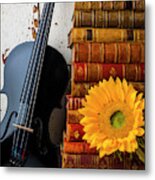 Black Violin And Stack Of Books Metal Print