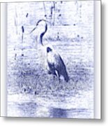 Blue Heron In Blue Digital Art With White Border Metal Print