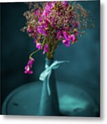 Bouquet Of Pink Flowers In Blue Vase Metal Print