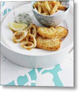 Bowl Of Chips With Fish And Lemon Metal Print