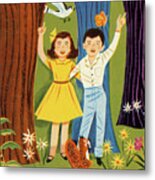 Boy And Girl Pointing Up Metal Poster