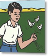 Boy Feeding Three Chickens Metal Poster