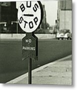 Bus Stop Sign On Sidewalk, B&w Metal Print