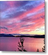Canadian Geese Over Smith Mountain Lake At Sunset. Metal Print