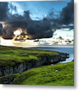 Canyon To Smoo Cave With Flock Of Sheep At The Twilight Atlantic Coast Near Durness In Scotland Metal Print