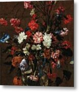 Carnations And Other Flowers In A Glass Vase Metal Print