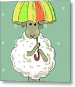 Cartoon Sheep Under Umbrella Metal Print