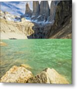 Chile, Magallanes Y Antartica Chilena, Puerto Natales, Patagonia, Andes, Torres Del Paine National Park, Scenic View Of Iconic Las Torres Peaks Metal Print