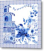 Chinoiserie Blue And White Pagoda With Stylized Flowers And Chinese Chippendale Border Metal Print