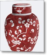 Chinoiserie Cherry Blossom Ginger Jar, Red Metal Print