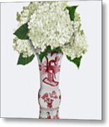 Chinoiserie Hydrangea White, Red Vase Metal Print