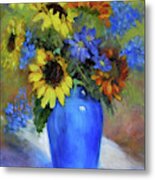 Cobalt Blue Vase With Sunflower Arrangement I Metal Print