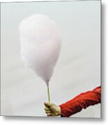 Cotton Candy Held By The Hand Of A Child, Isolated On White Background. Metal Print