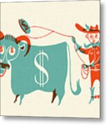 Cowboy Throwing A Lasso Toward A Cash Cow Metal Poster