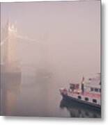 Cruise Liner By Tower Bridge At Foggy Metal Print