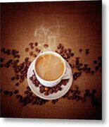 Cup Of Fresh Cappuccino On Burlap Metal Print