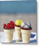 Currants, Yellow Watermelon, And Dragon Fruit, Served In Ice Cream Cones Metal Print